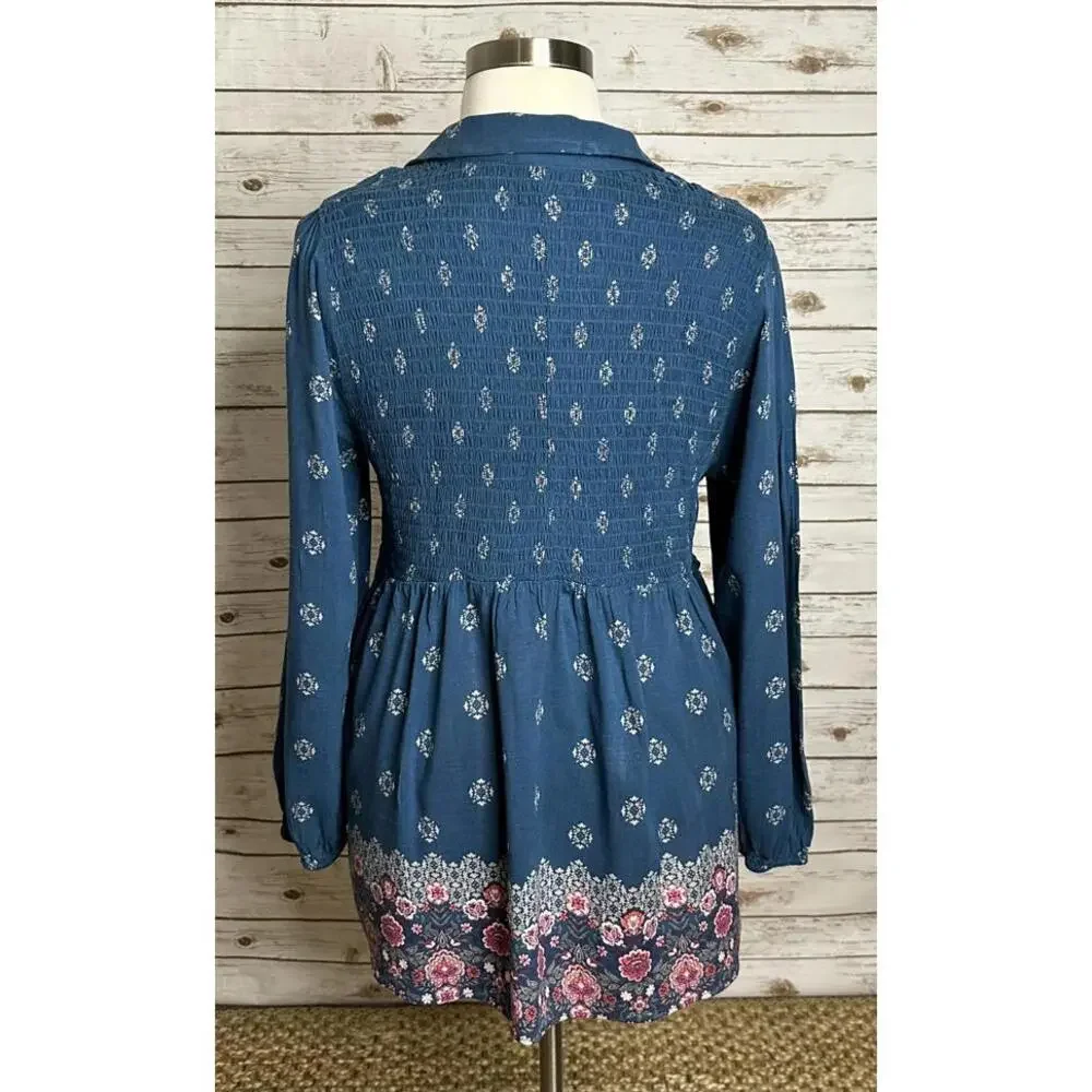 Torrid teal boho floral V-neck long sleeve smocked peplum blouse Size 2/2X - Picture 3 of 7